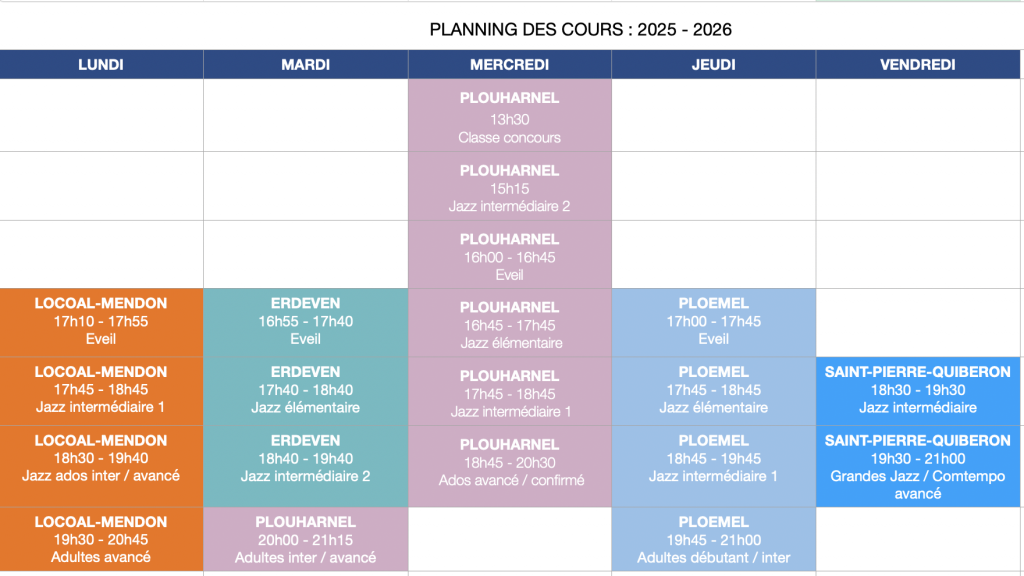 Horaire danse 2025-2026